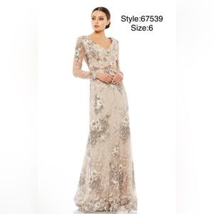 Embroidered v neckline sheath long gown
